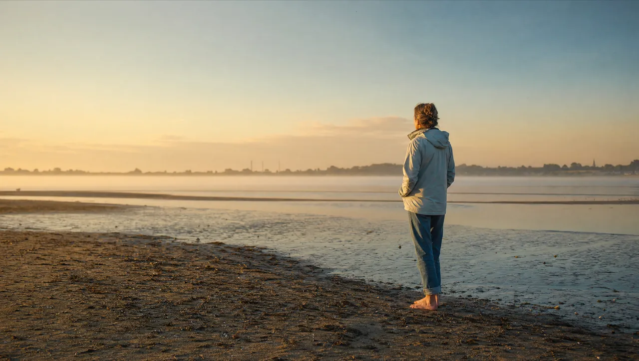 Weiter Ostseestrand im warmen Abendlicht