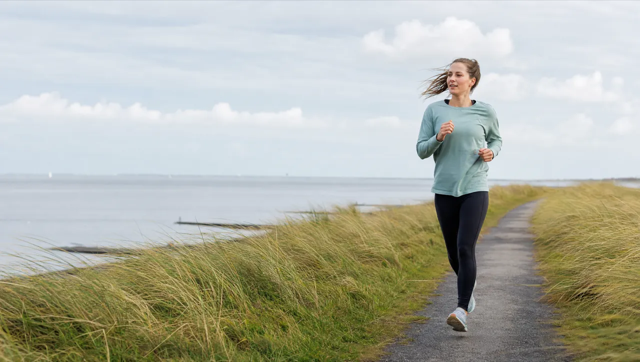 Joggerin auf einem Deichweg an der Ostseeküste