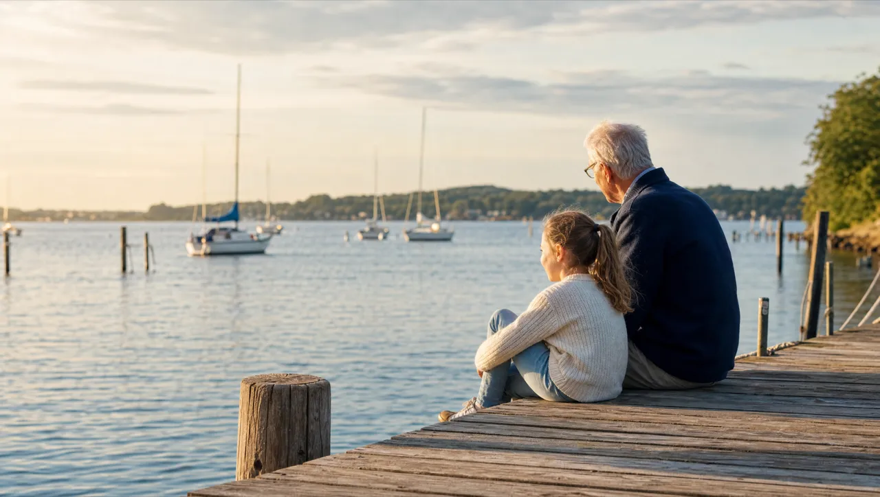 Großvater und Enkelin sitzen gemeinsam auf einem Steg an der Ostsee